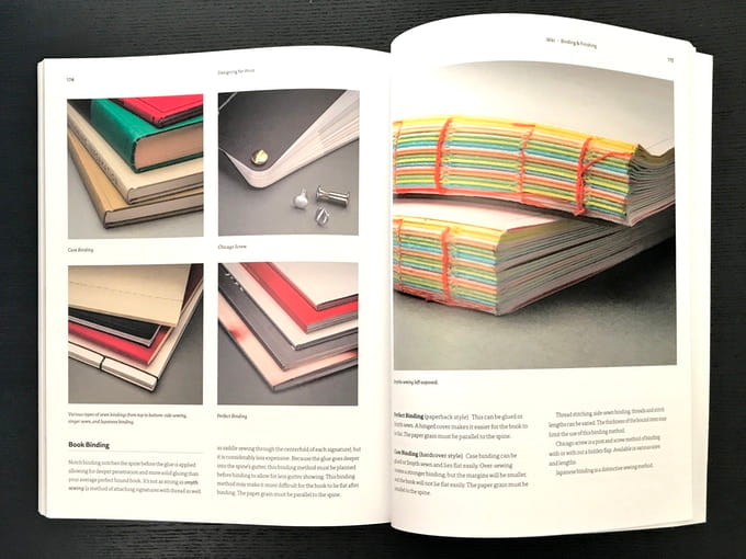 An open copy of the book 'Print,' showing photos of different paper types.