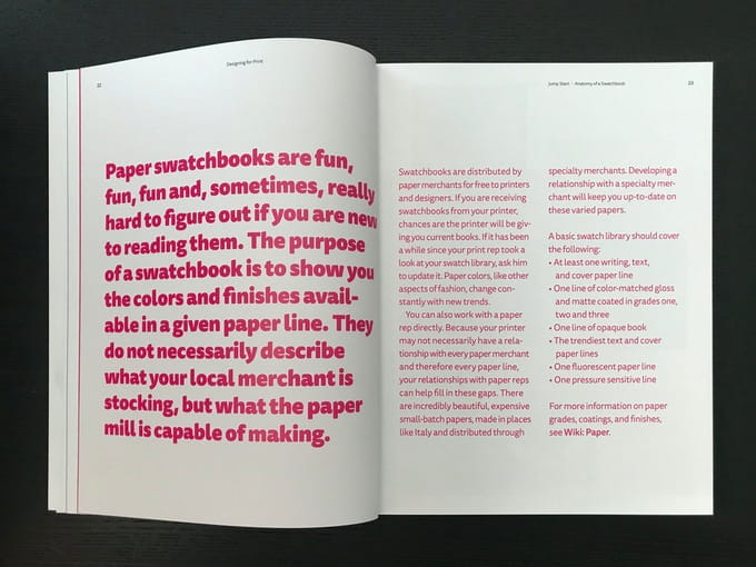 Interior of Print book showing large magenta letters describing the fun of swatchbooks.